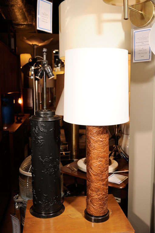 Metal Vintage Ebonized Wood Wallpaper Roll Table Lamp For Sale